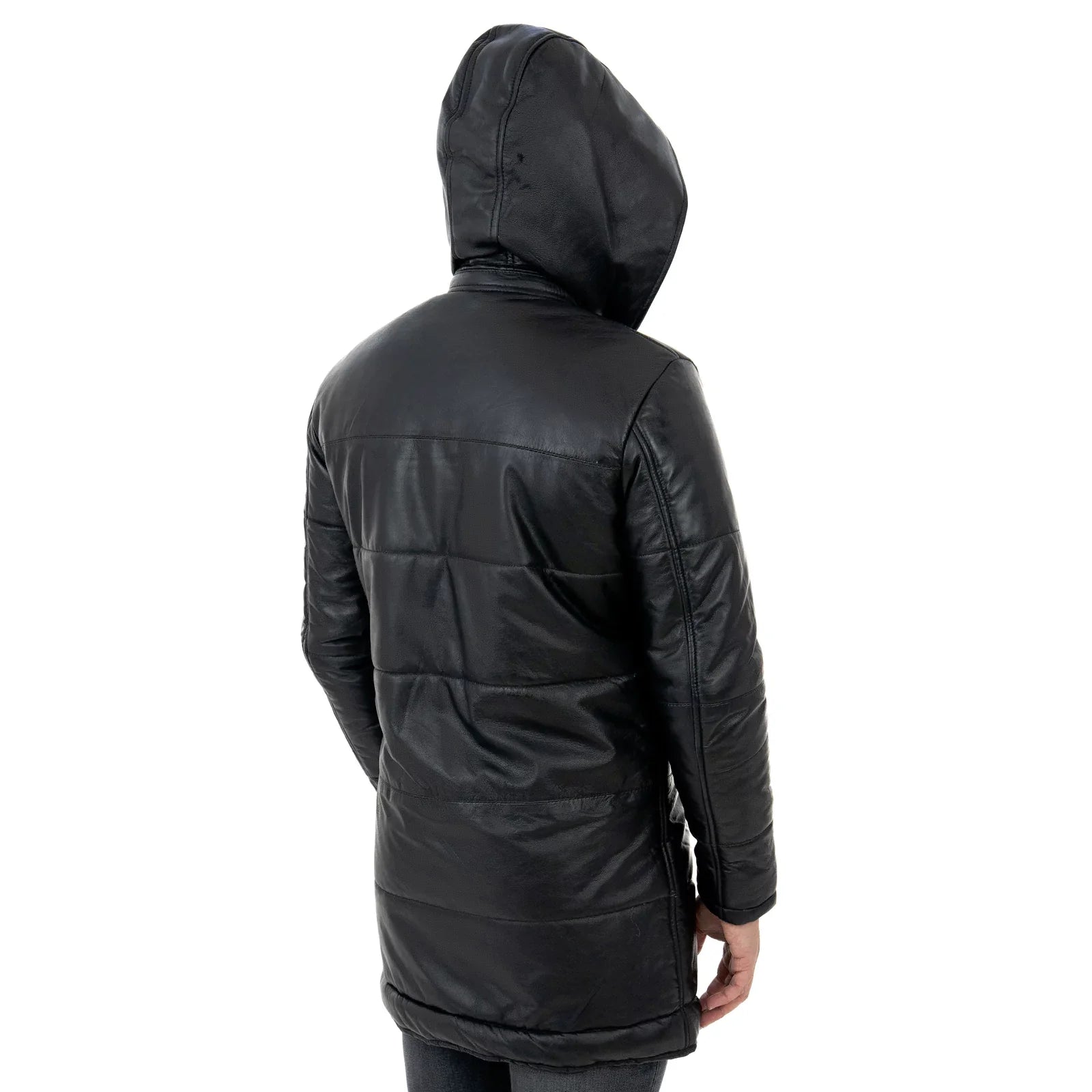 Men's Long Slim Black Genuine Leather Puffer Jacket with Removable Zipper Hood Rindway