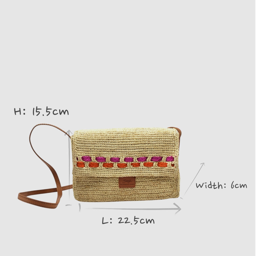 Zera - Handmade Natural Raffia Messenger Bag Fuchsia and Orange