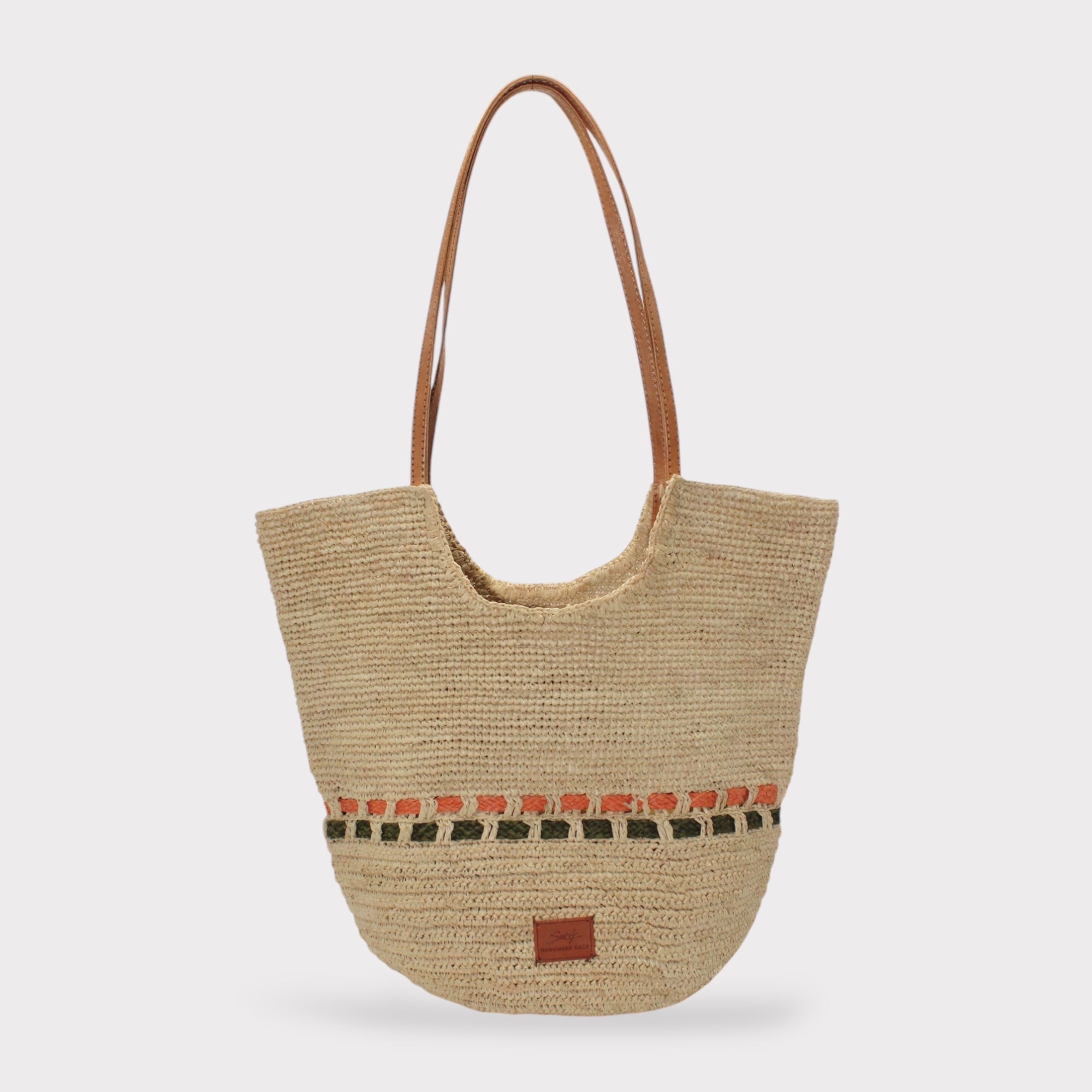 Zola- Handmade Natural Raffia Tote Bag Pastel Green and Amber