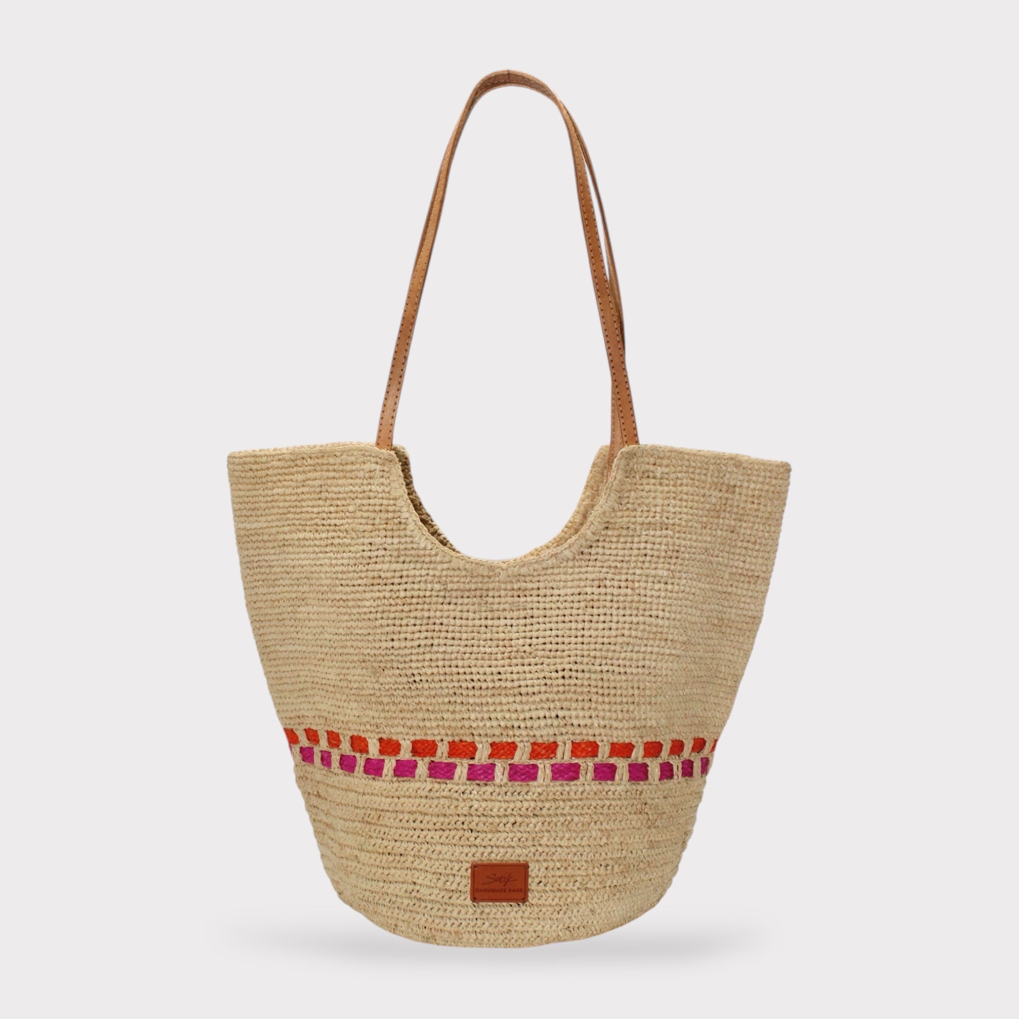 Zola - Handmade Natural Raffia Tote Bag Fuchsia and Orange
