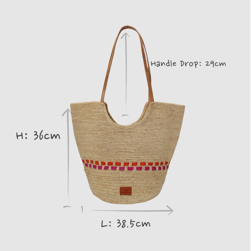 Zola - Handmade Natural Raffia Tote Bag Fuchsia and Orange