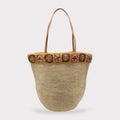 Flora - Borsa in rafia intrecciata fatta a mano con fiore in ambra all'uncinetto