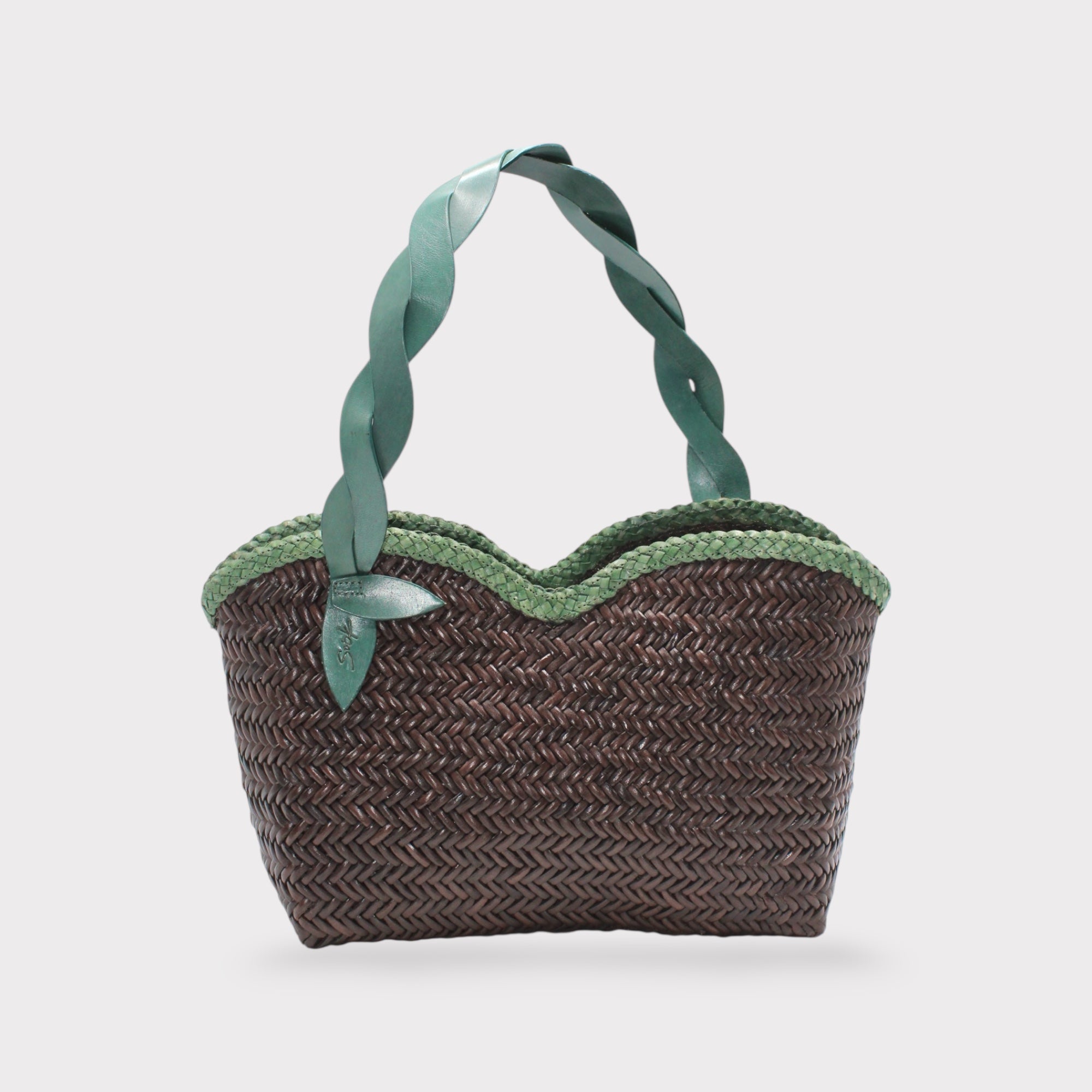 Léafa - Borsa Artigianale a Spalla Tessuta a Mano Verde e Caffè