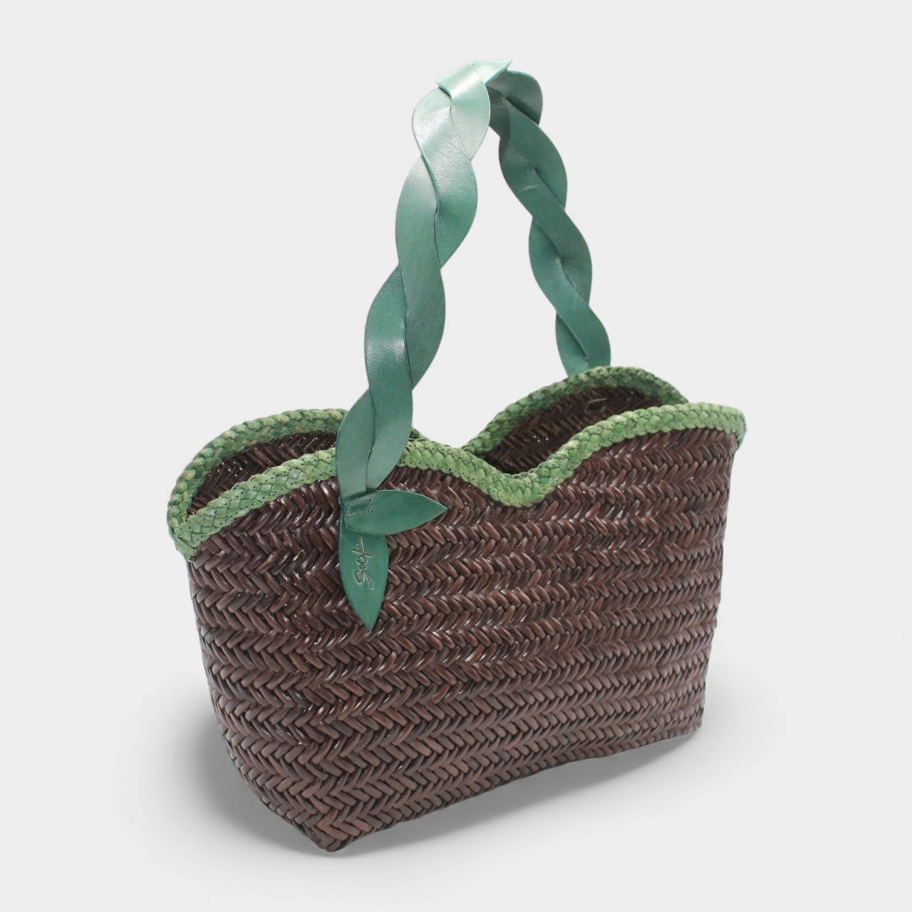 Léafa - Borsa Artigianale a Spalla Tessuta a Mano Verde e Caffè