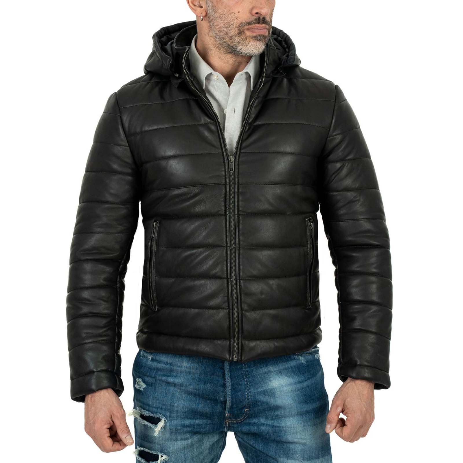 Men's Black Genuine Leather Down Jacket Slim Fit with Removable Hood Rindway