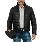 Piumino Giacca In Vera Pelle Nera Uomo Slim Cappuccio Con Cerniera Removibile Rindway