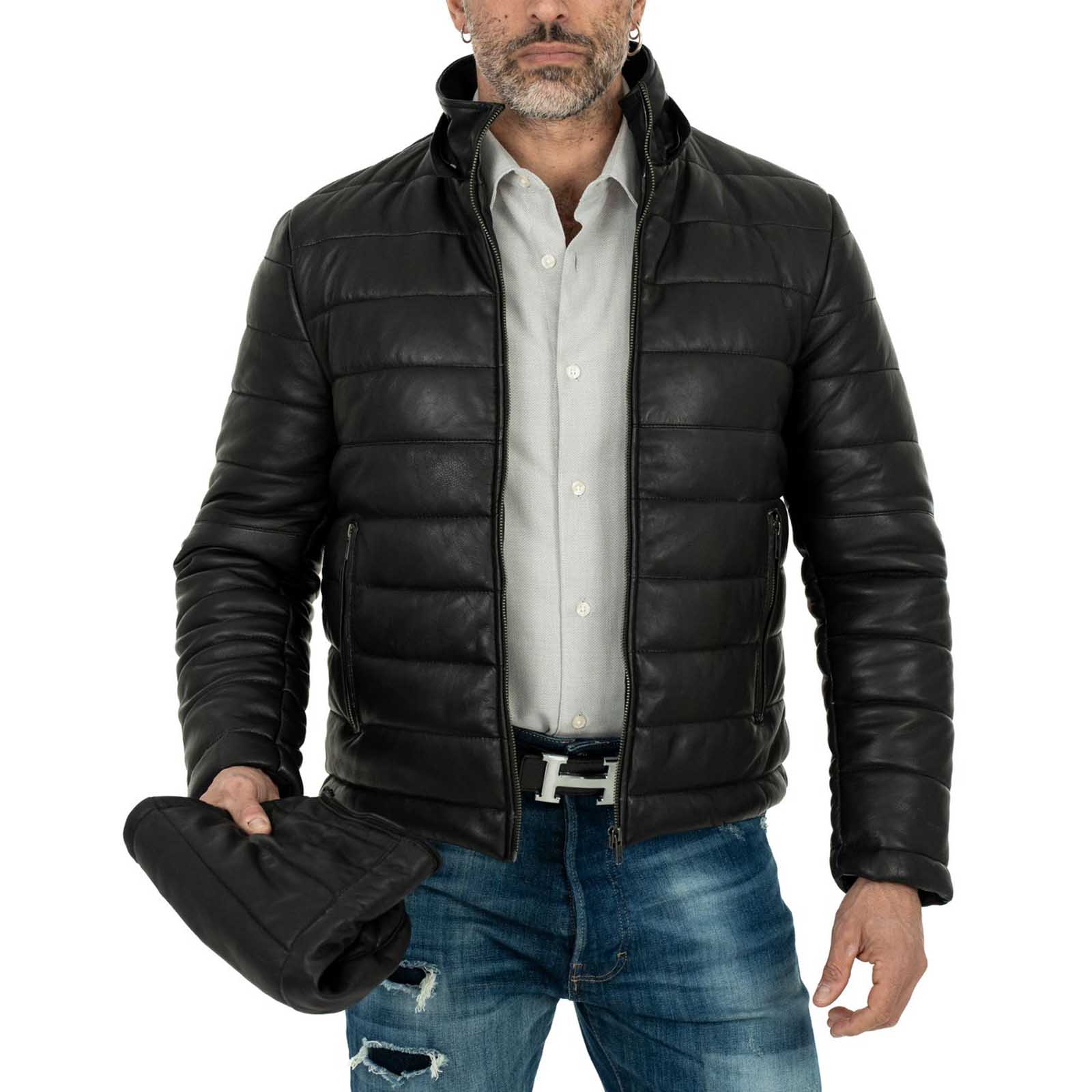 Men's Black Genuine Leather Down Jacket Slim Fit with Removable Hood Rindway