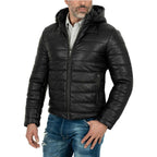 Piumino Giacca In Vera Pelle Nera Uomo Slim Cappuccio Con Cerniera Removibile Rindway
