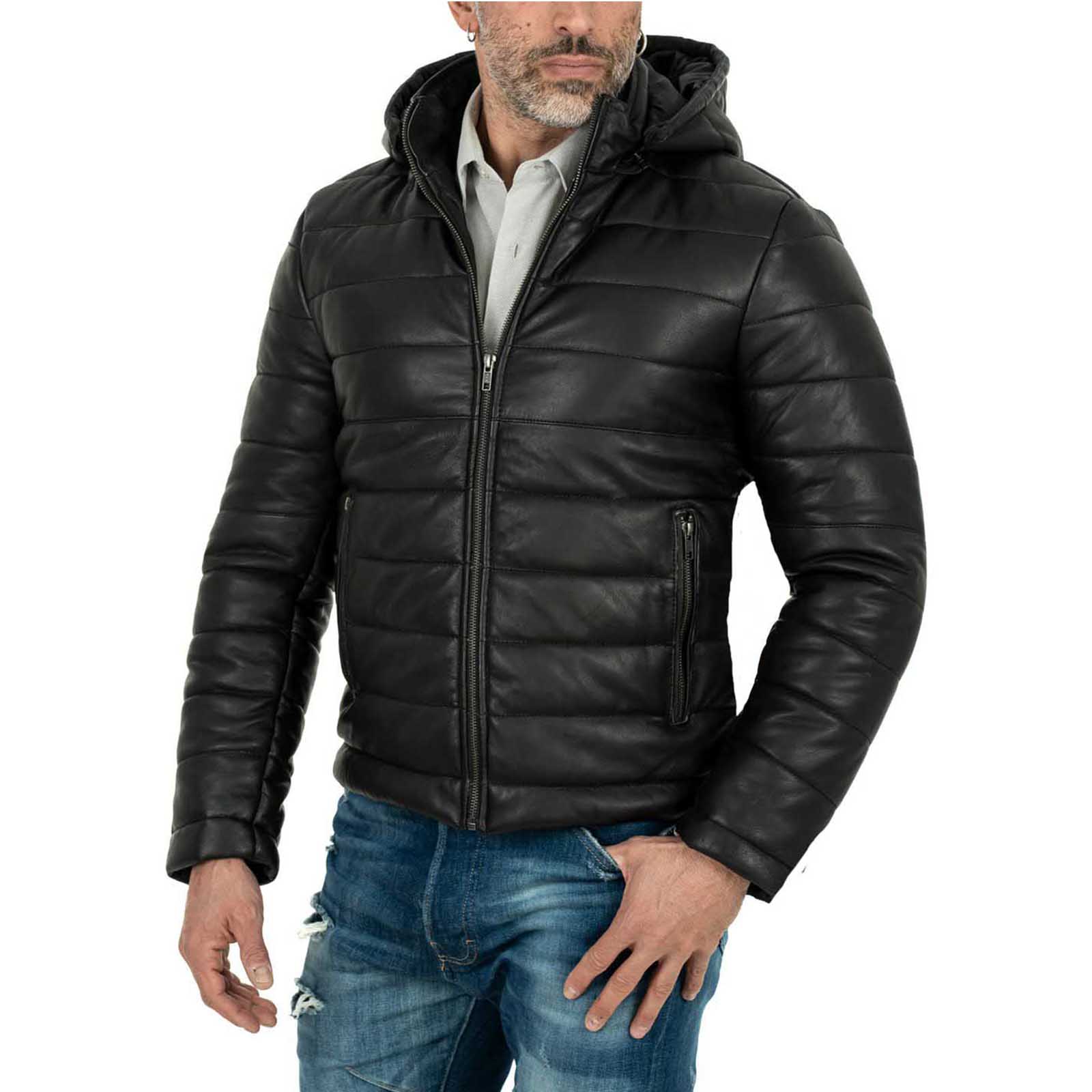 Men's Black Genuine Leather Down Jacket Slim Fit with Removable Hood Rindway