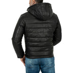Piumino Giacca In Vera Pelle Nera Uomo Slim Cappuccio Con Cerniera Removibile Rindway