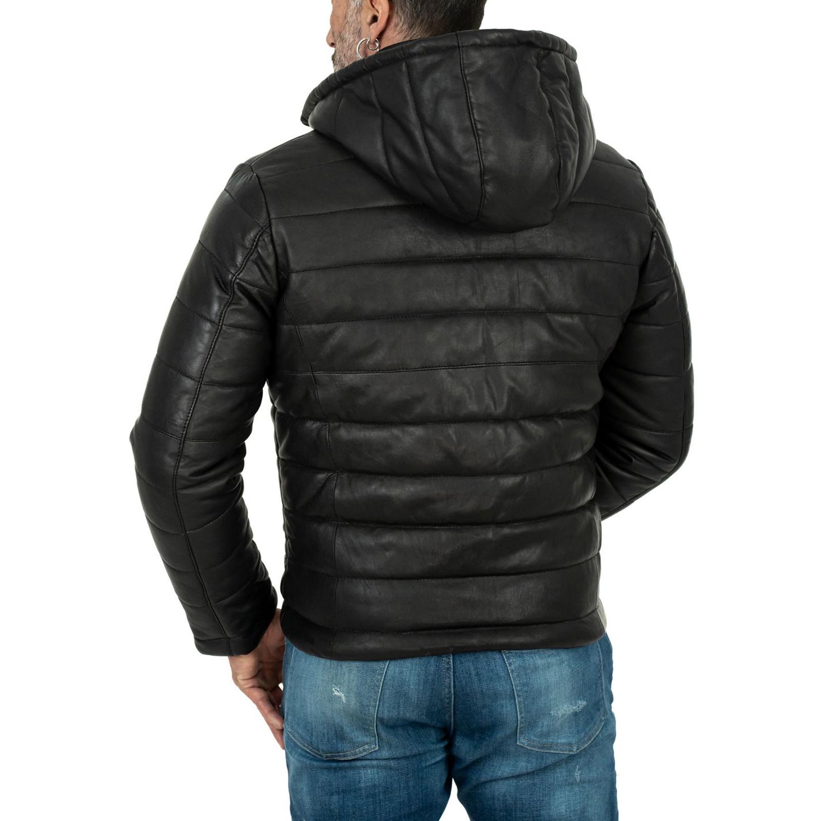 Men's Black Genuine Leather Down Jacket Slim Fit with Removable Hood Rindway
