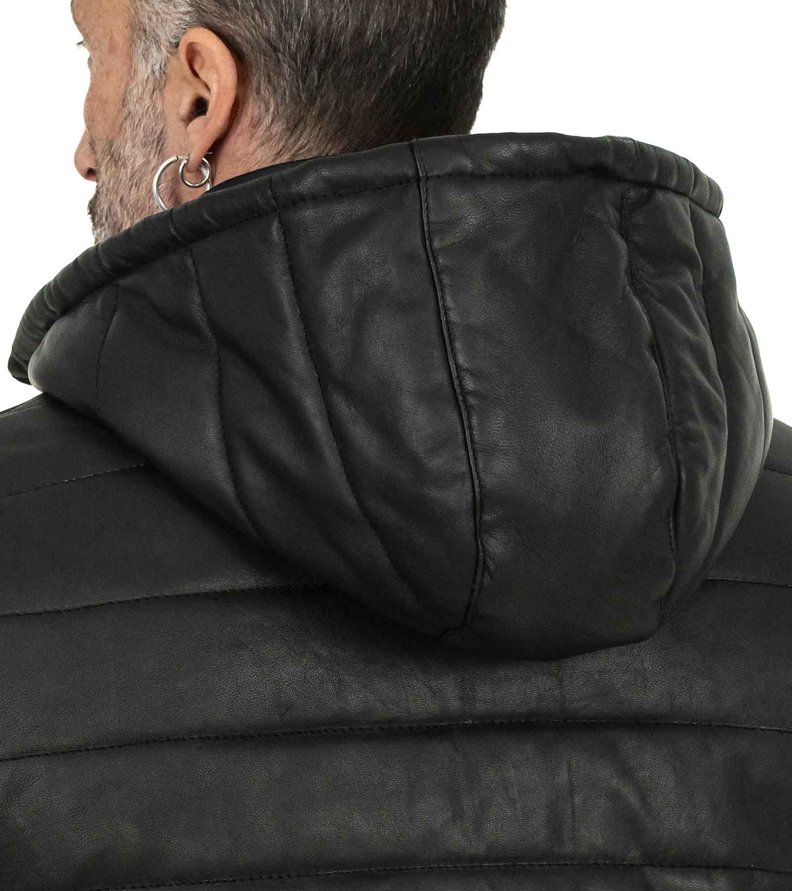 Men's Black Genuine Leather Down Jacket Slim Fit with Removable Hood Rindway