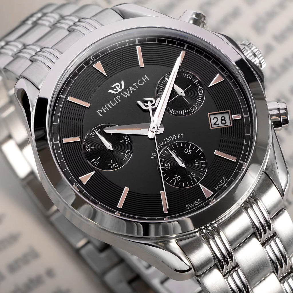Philip Watch R8273665004 – Swiss Made quartz chronograph, black dial, 41mm case