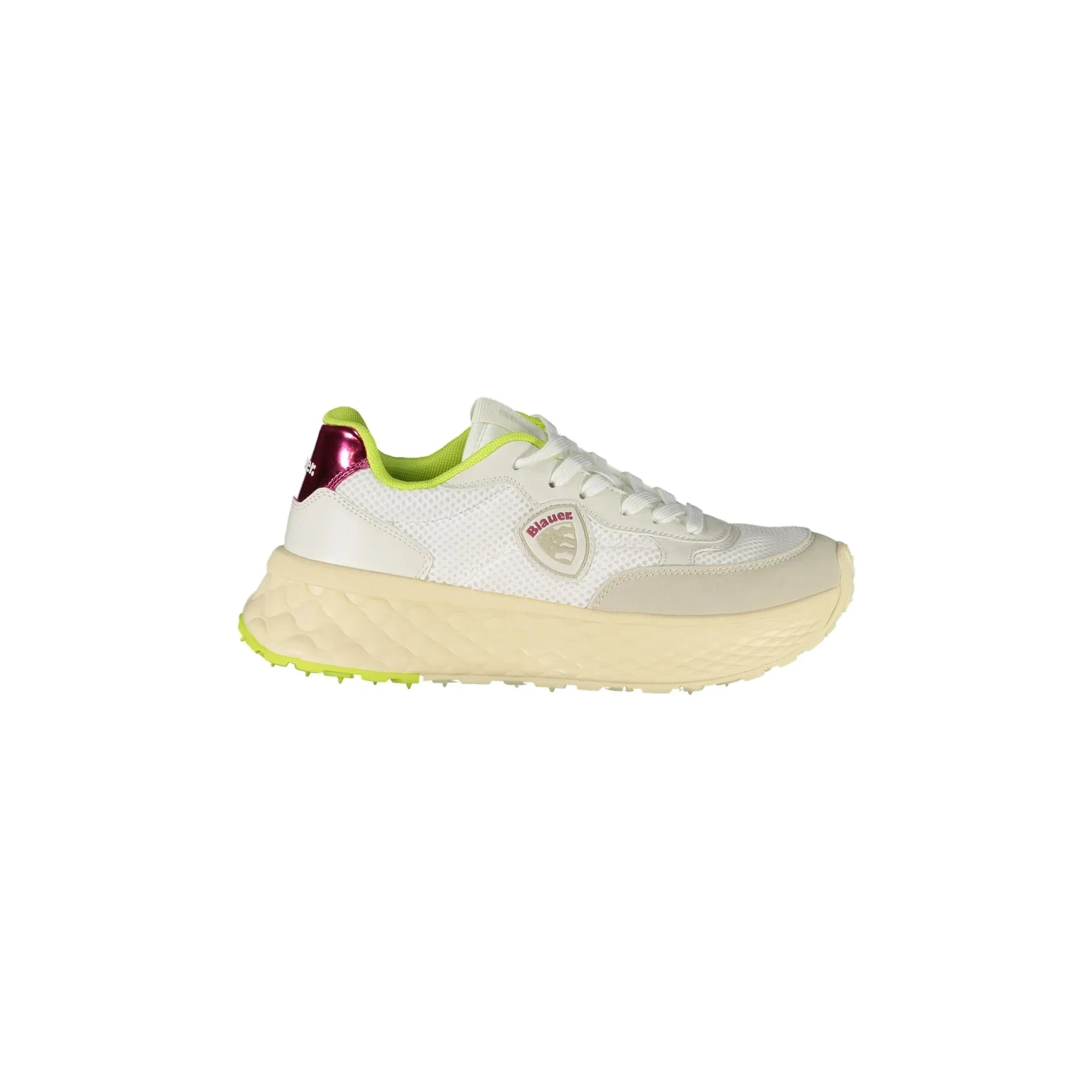 BLAUER Women's White Sneakers with Laces and Green/Fuchsia Details