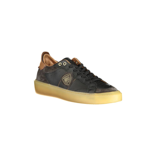 BLAUER Men's Black Leather Sport Shoes with Contrast Details