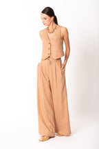 co-ord with waistcoat and wide-leg drawstring trousers