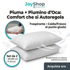 Coppia Cuscini in piuma d'oca e piumino soffici con cover in cotone alti 15 cm