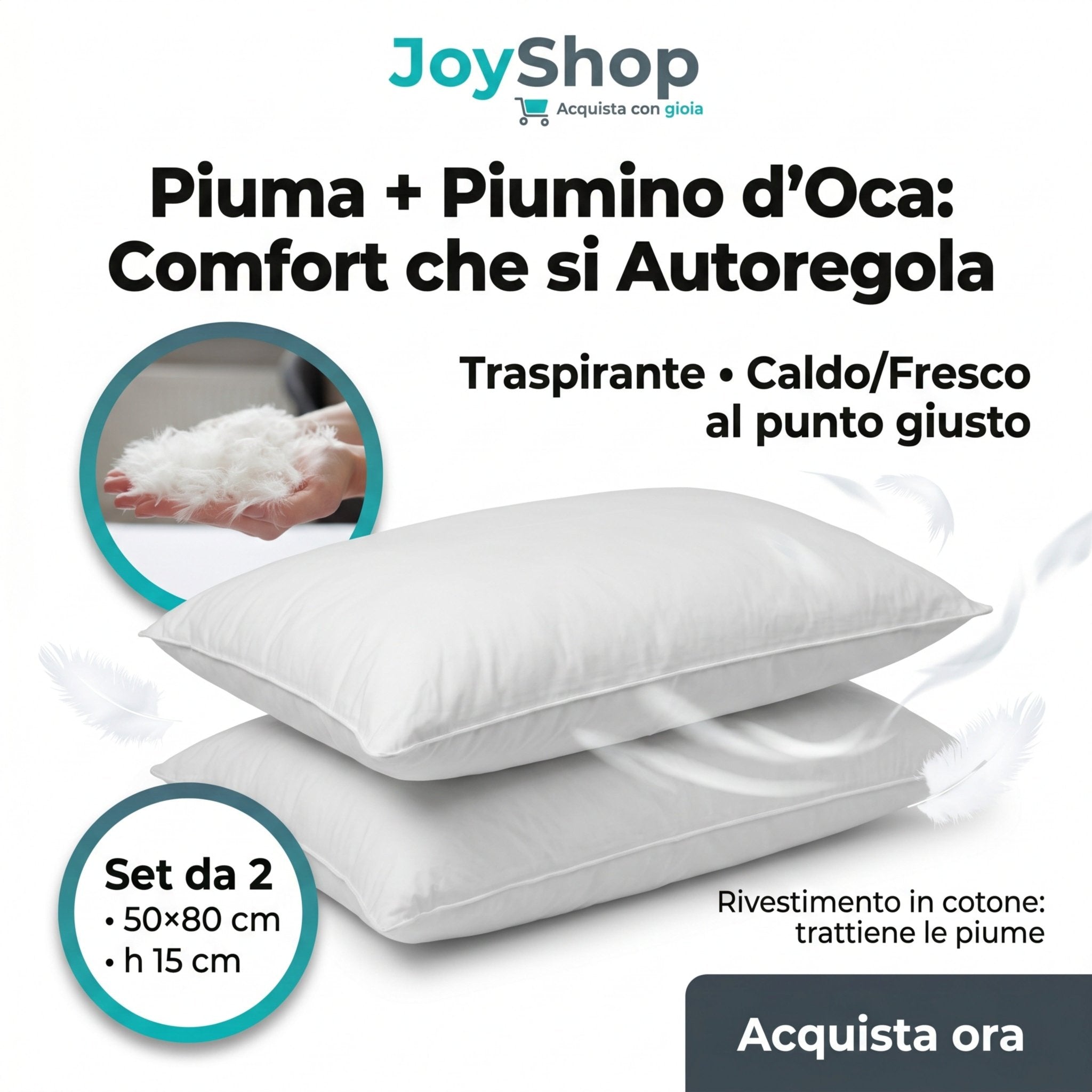 Coppia Cuscini in piuma d'oca e piumino soffici con cover in cotone alti 15 cm