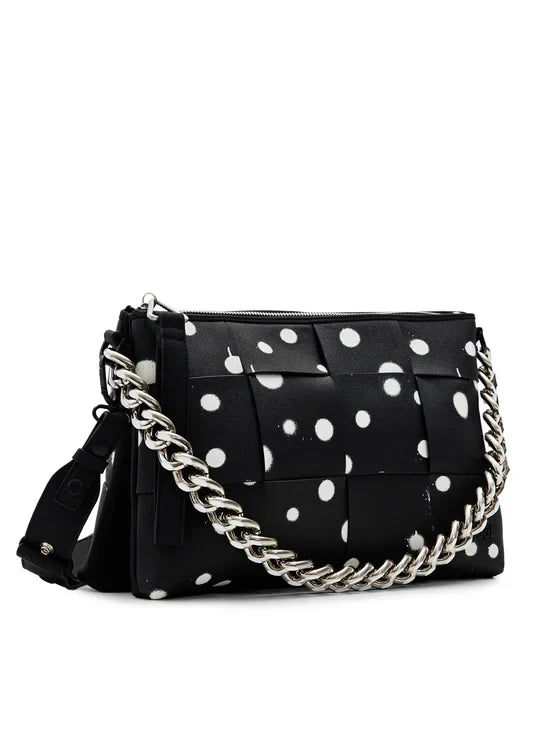 DESIGUAL Women's Black Polka Dot Handbag with Shoulder Strap and Chain