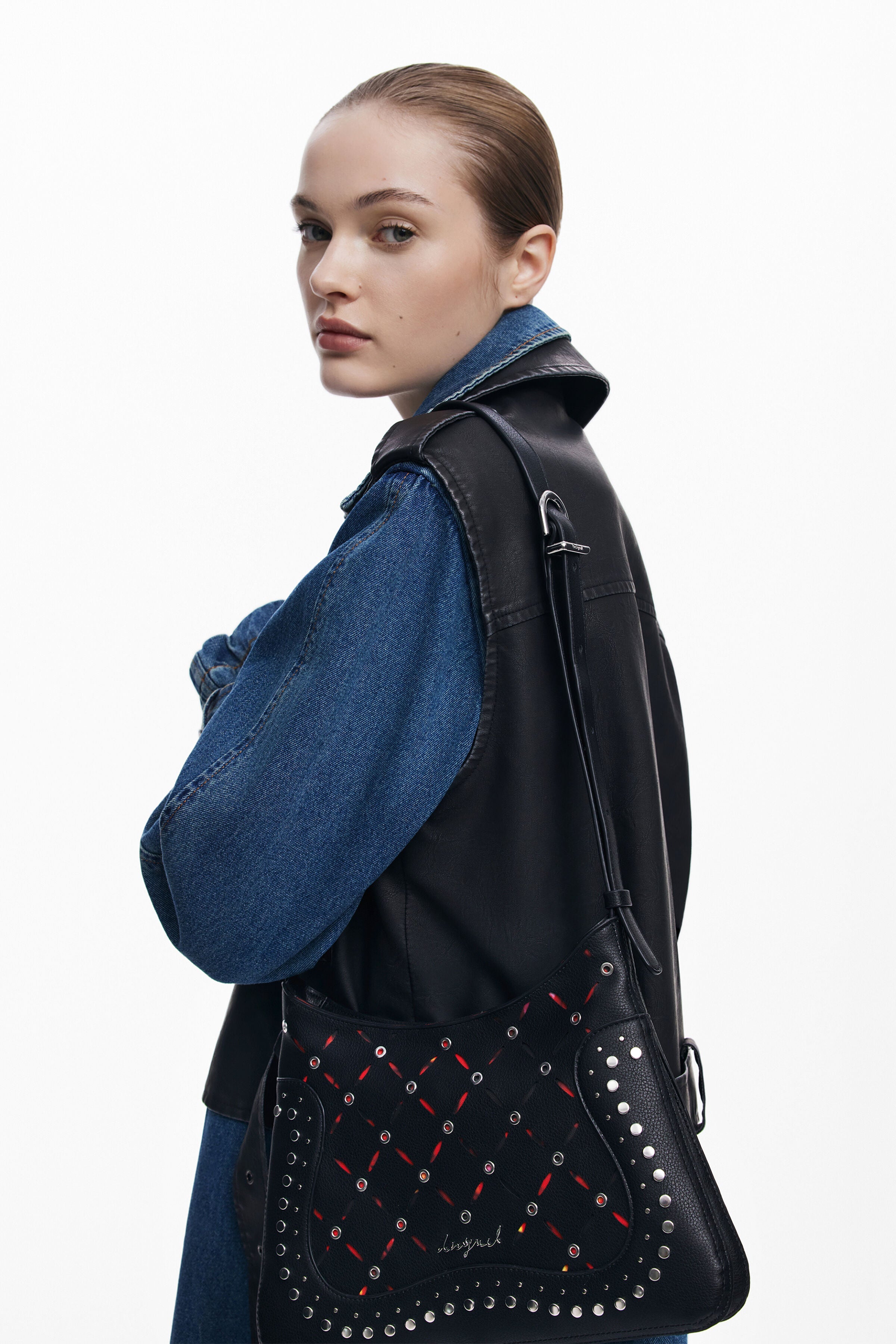 DESIGUAL Borsa Donna Nera a Tracolla Yankee Manaos con Borchie