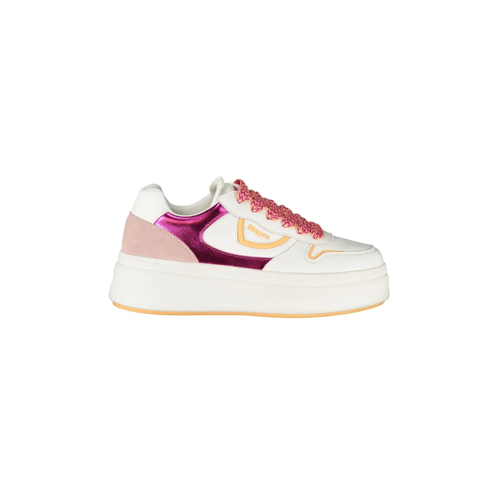 BLAUER Women's White Sneakers with Laces and Fuchsia/Pink Details