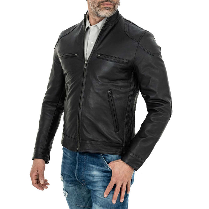 Men's Slim Four-Pocket Black Genuine Leather Biker Jacket Rindway