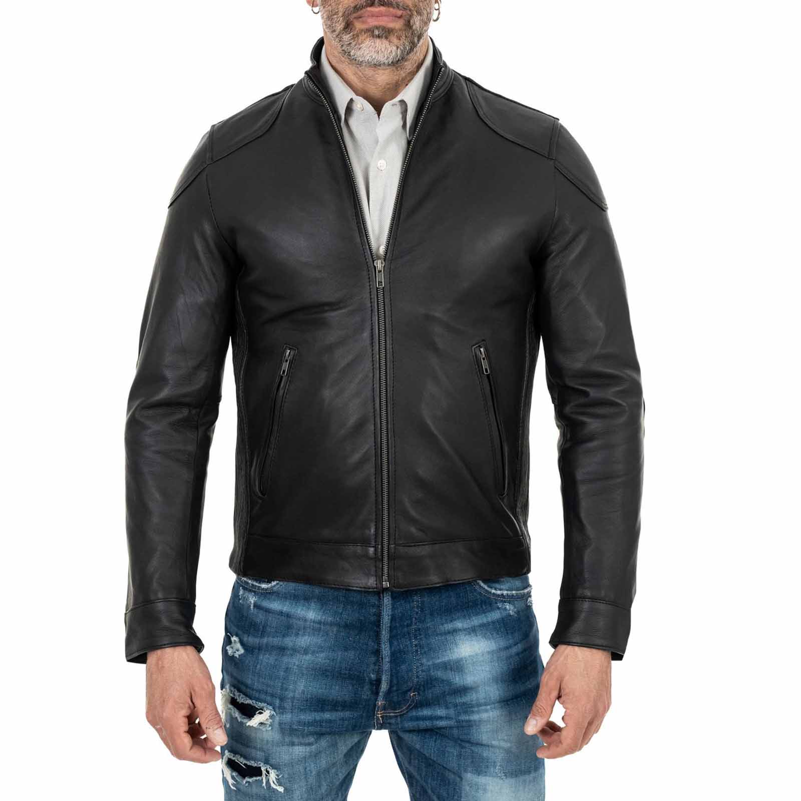 Men's Slim Fit Black Genuine Leather Biker Jacket Rindway Shoulder Details