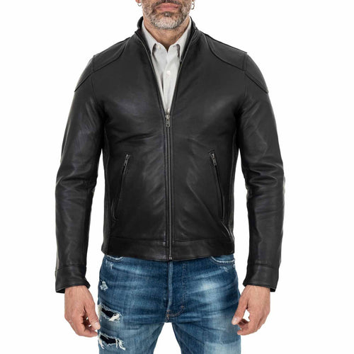 Men's Slim Fit Black Genuine Leather Biker Jacket Rindway Shoulder Details