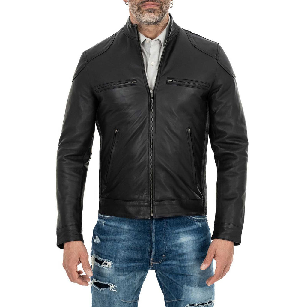 Men's Slim Four-Pocket Black Genuine Leather Biker Jacket Rindway