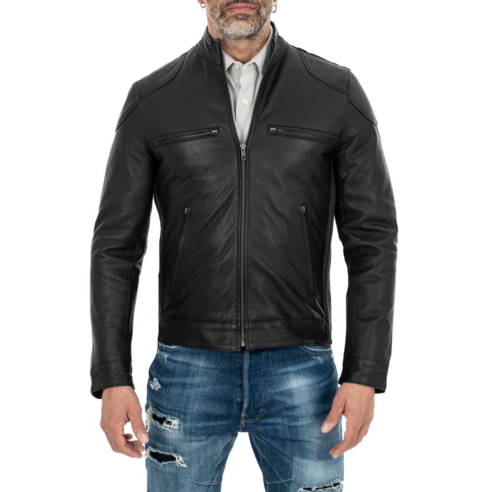 Men's Slim Four-Pocket Black Genuine Leather Biker Jacket Rindway