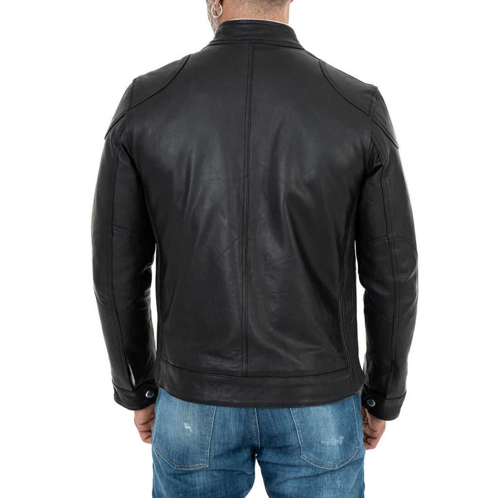 Men's Slim Four-Pocket Black Genuine Leather Biker Jacket Rindway