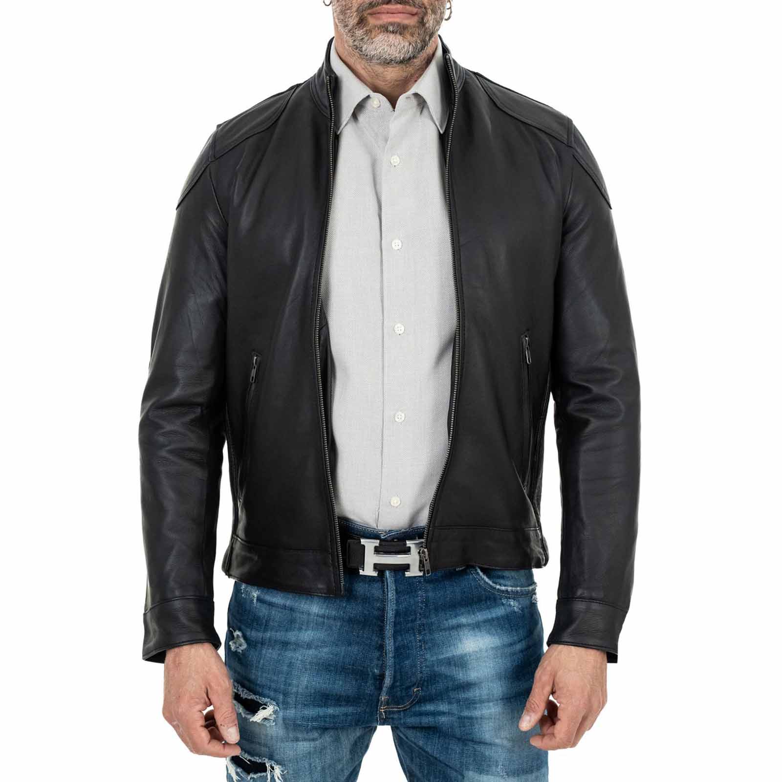 Men's Slim Fit Black Genuine Leather Biker Jacket Rindway Shoulder Details