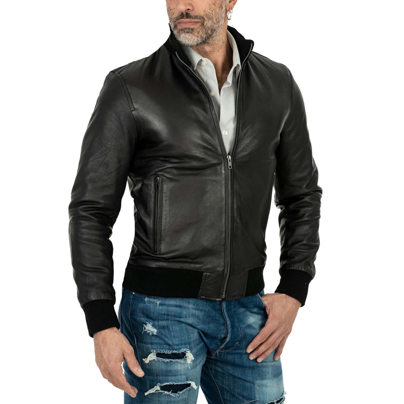 Men's Black Genuine Leather Bomber Jacket Slim Zip Pockets Rindway