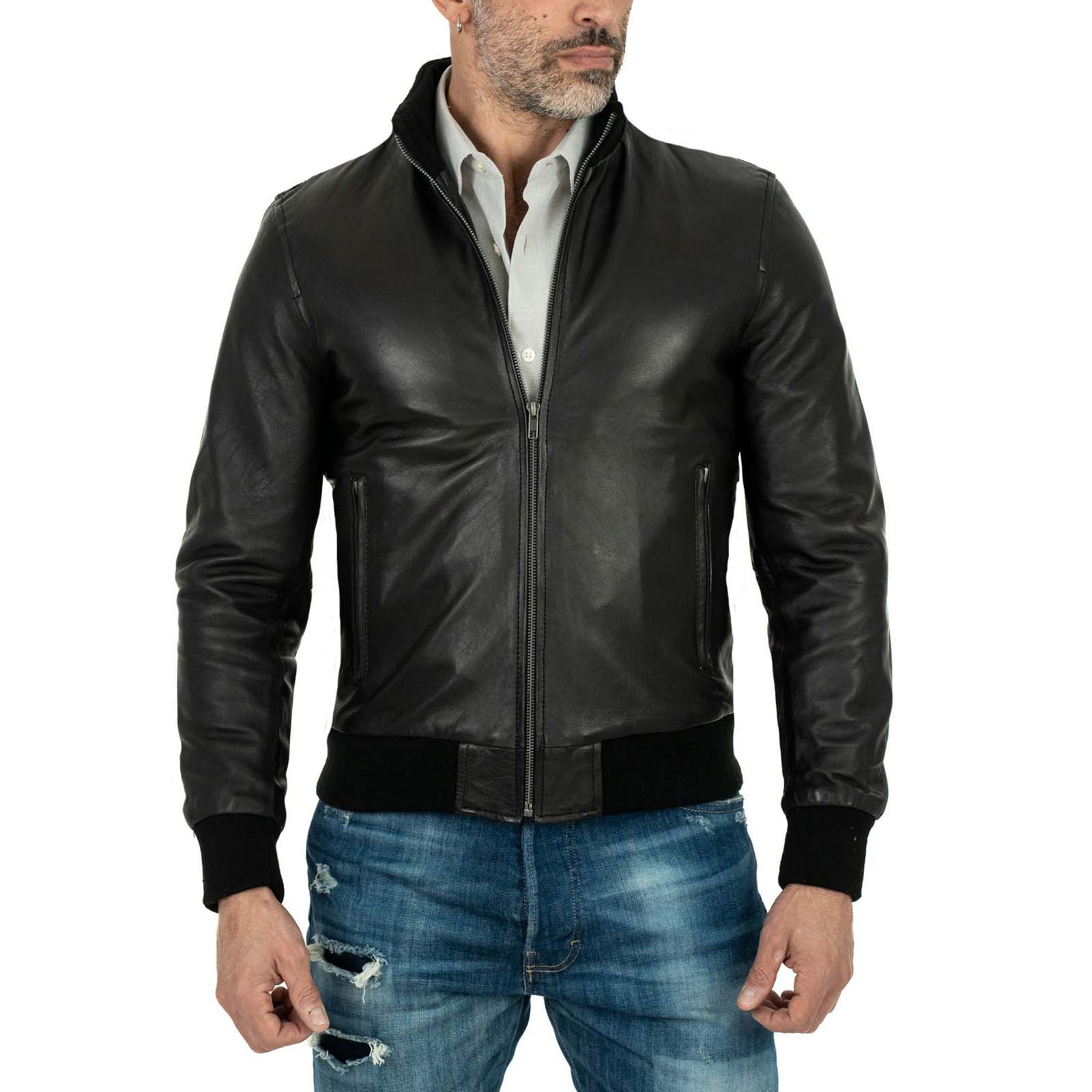 Men's Black Genuine Leather Bomber Jacket Slim Zip Pockets Rindway