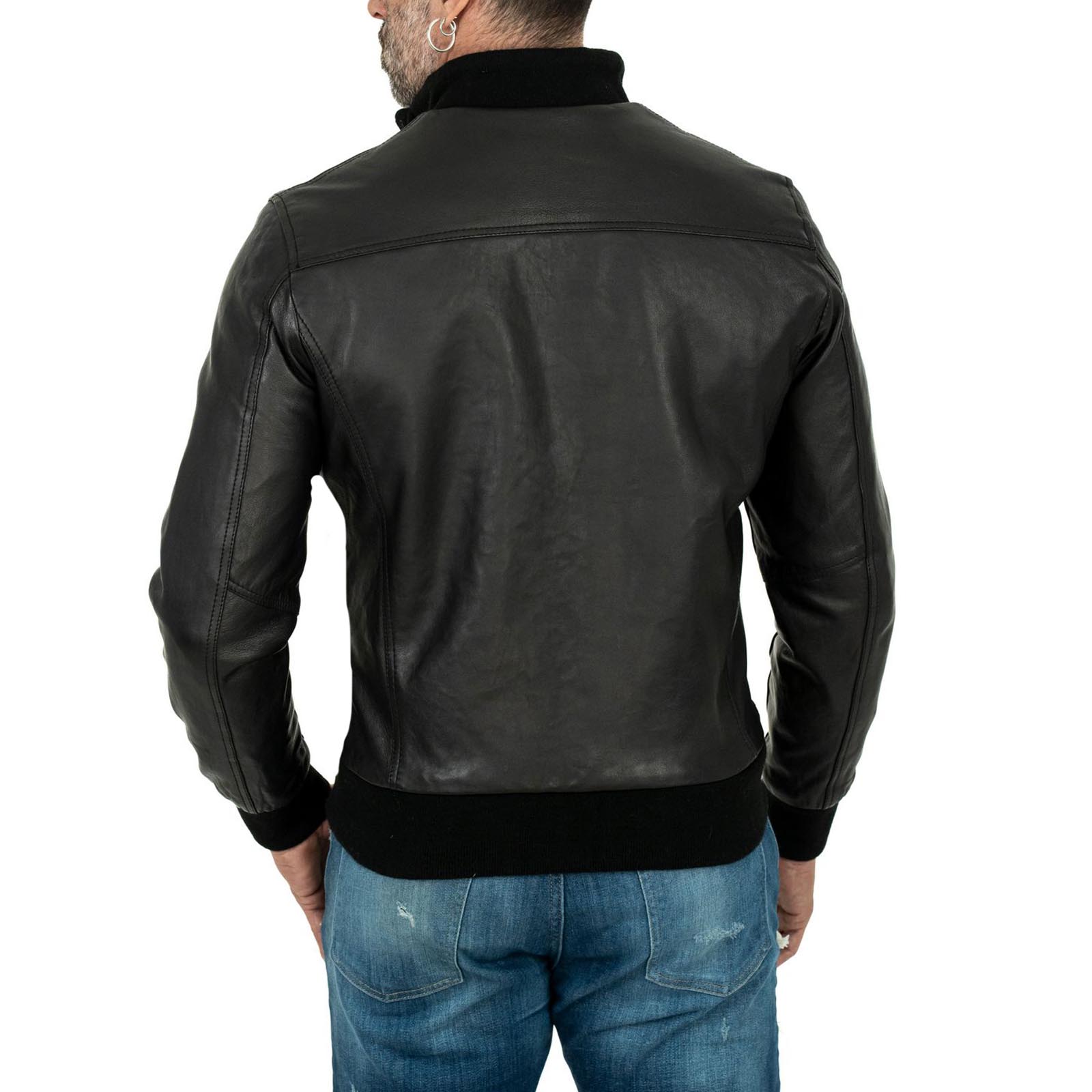 Men's Black Genuine Leather Bomber Jacket Slim Zip Pockets Rindway