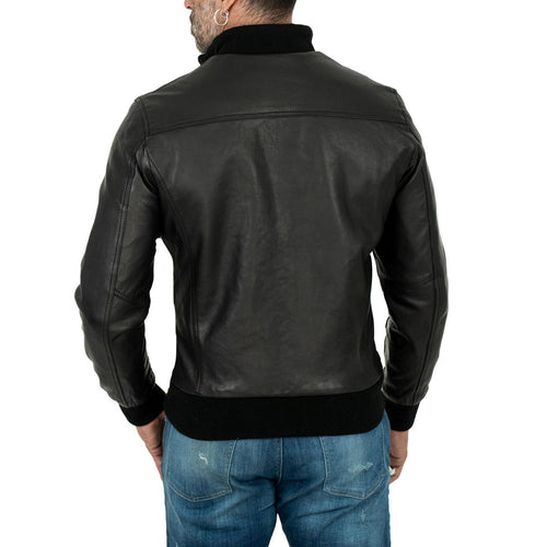Men's Black Genuine Leather Bomber Jacket Slim Zip Pockets Rindway