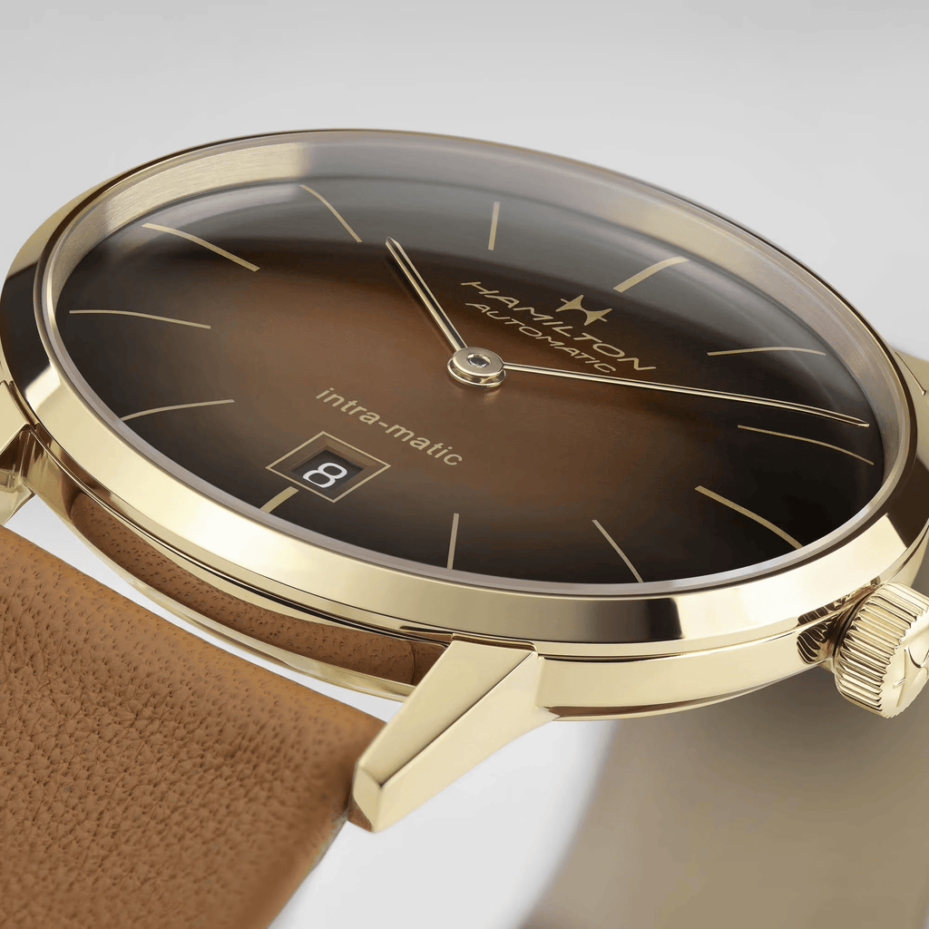 Hamilton American Classic H3873 – Intra-matic automatic with brown dial and yellow PVD coating