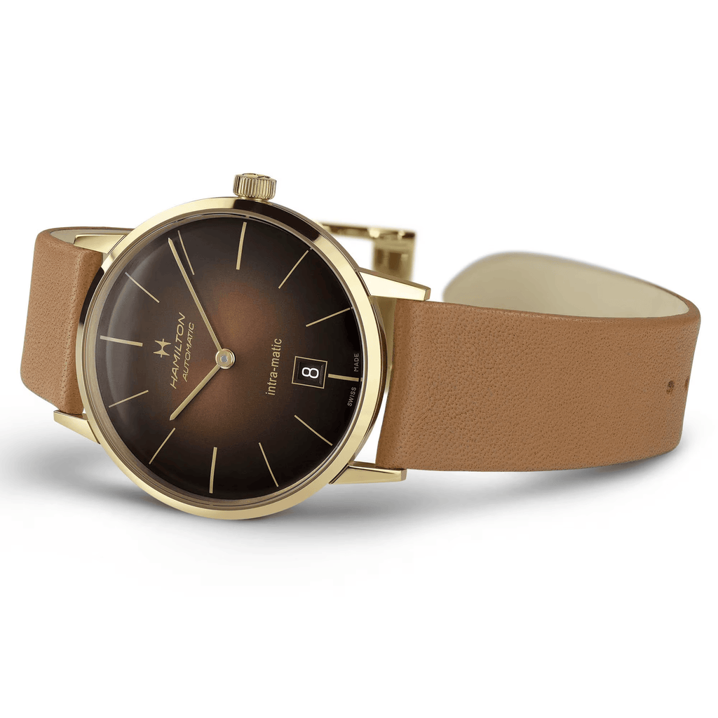 Hamilton American Classic H3873 – Intra-matic automatic with brown dial and yellow PVD coating