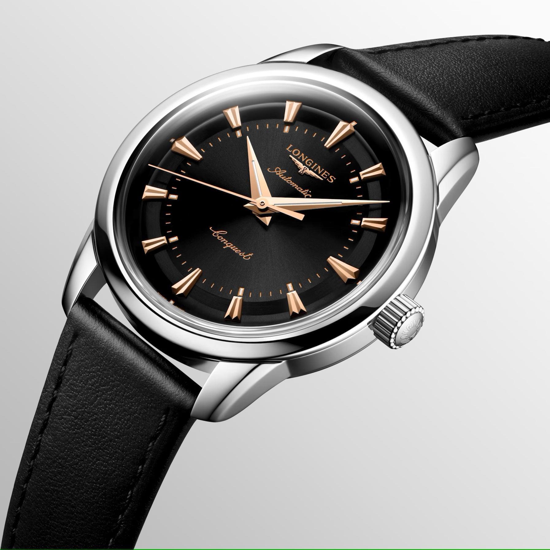 Longines orologio Conquest Heritage 38mm nero automatico acciaio L1.649.4.52.2