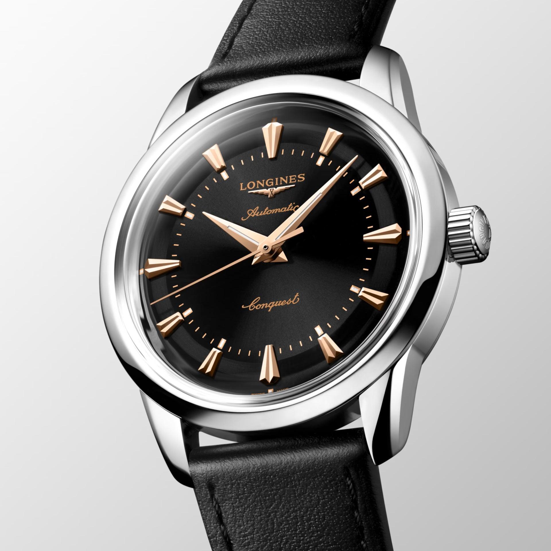 Longines orologio Conquest Heritage 38mm nero automatico acciaio L1.649.4.52.2