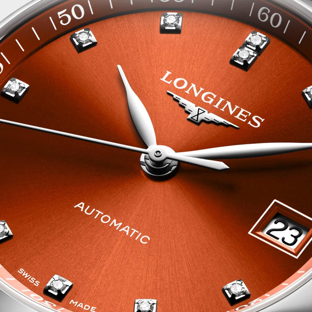 Longines orologio Master Collection 34mm arancione diamanti automatico acciaio L2.357.4.08.6