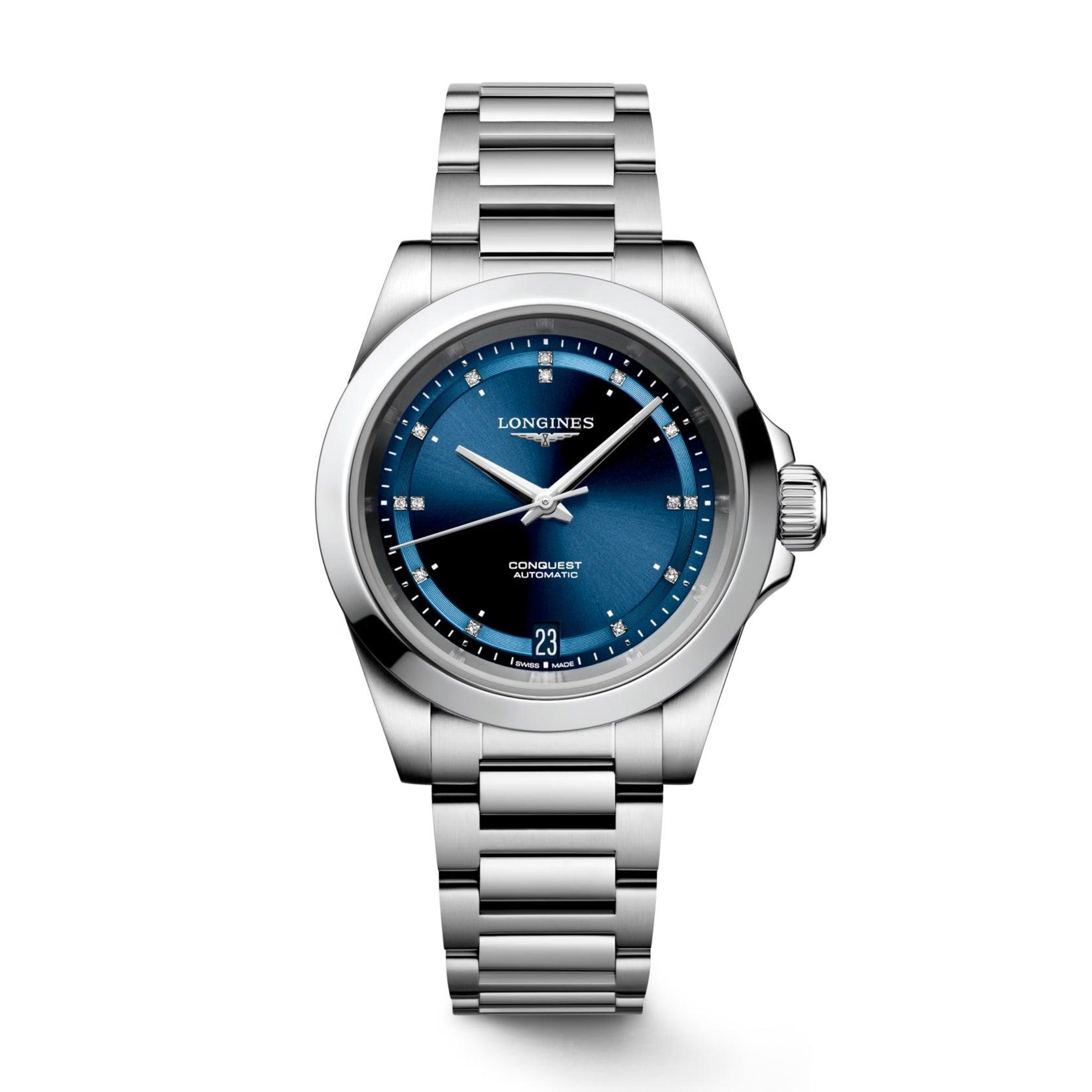Longines orologio New Conquest 34mm blu automatico acciaio L3.430.4.97.6