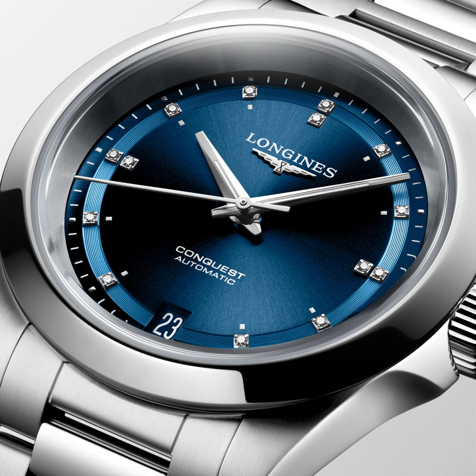 Longines orologio New Conquest 34mm blu automatico acciaio L3.430.4.97.6