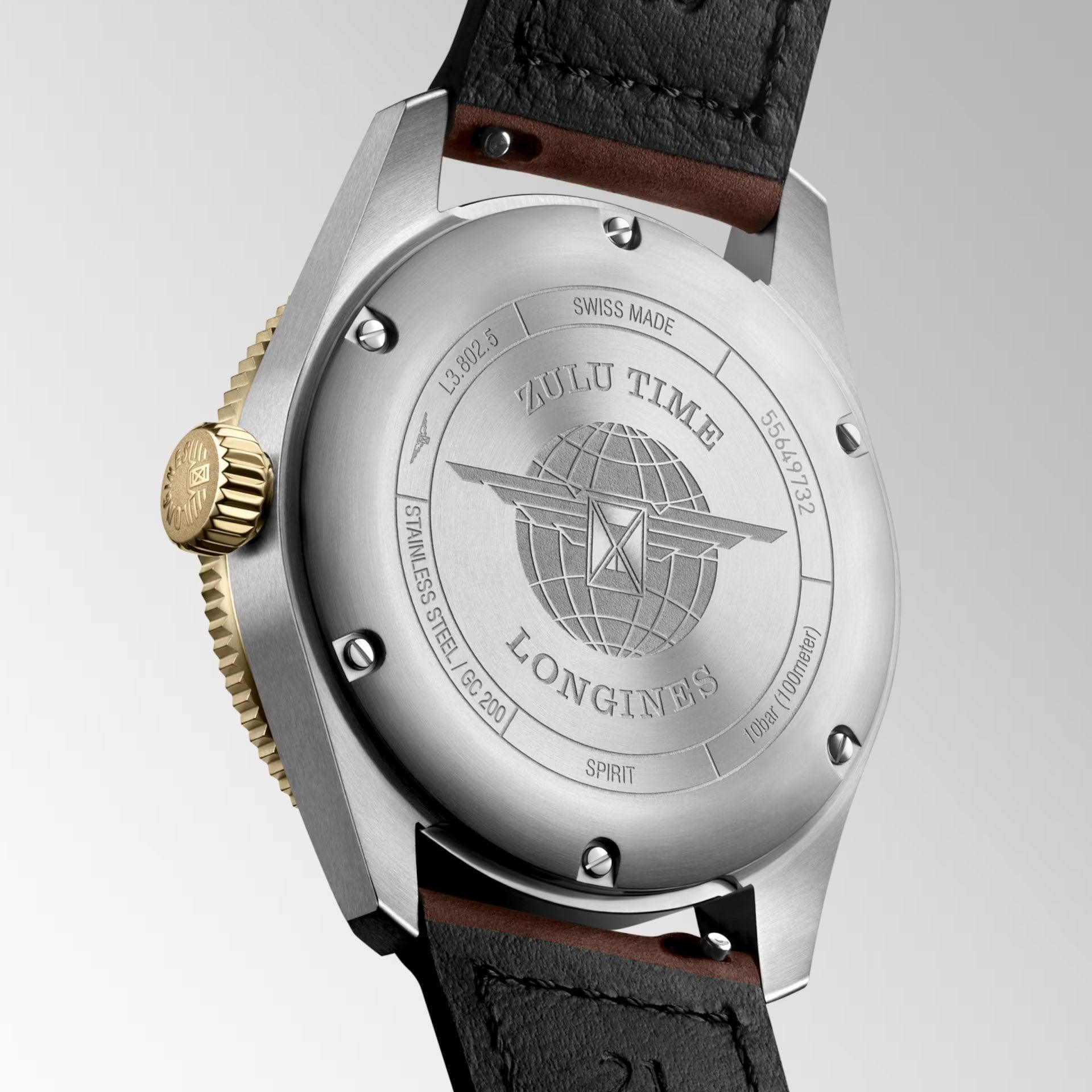 Longines orologio Spirit Zulu Time 39mm nero automatico acciaio e oro giallo 18kt L3.802.5.53.2