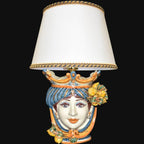 Lume a Testa con Limoni h 55 cm (ceramica h 25 cm, Paralume in Tessuto Ø 35 cm) — Femmina, Blu e Arancio