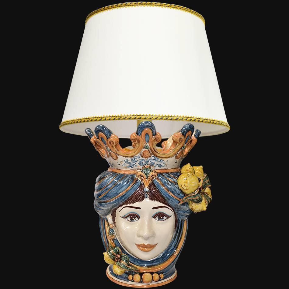 Lume a Testa con Limoni h 70 cm (ceramica h 40 cm, Paralume in Tessuto Ø 45 cm) — Donna, Blu e Arancio