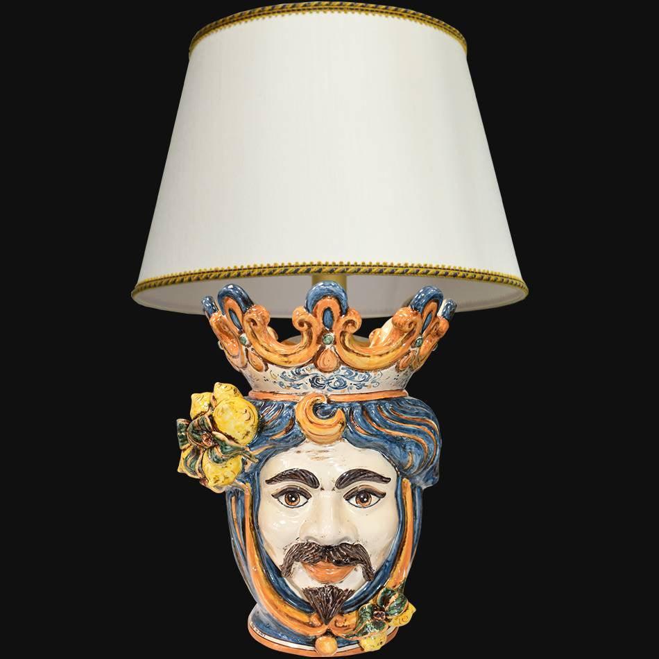 Lume a Testa con Limoni h 70 cm (ceramica h 40 cm, Paralume in Tessuto Ø 45 cm) — Maschio Bianco, Blu e Arancio