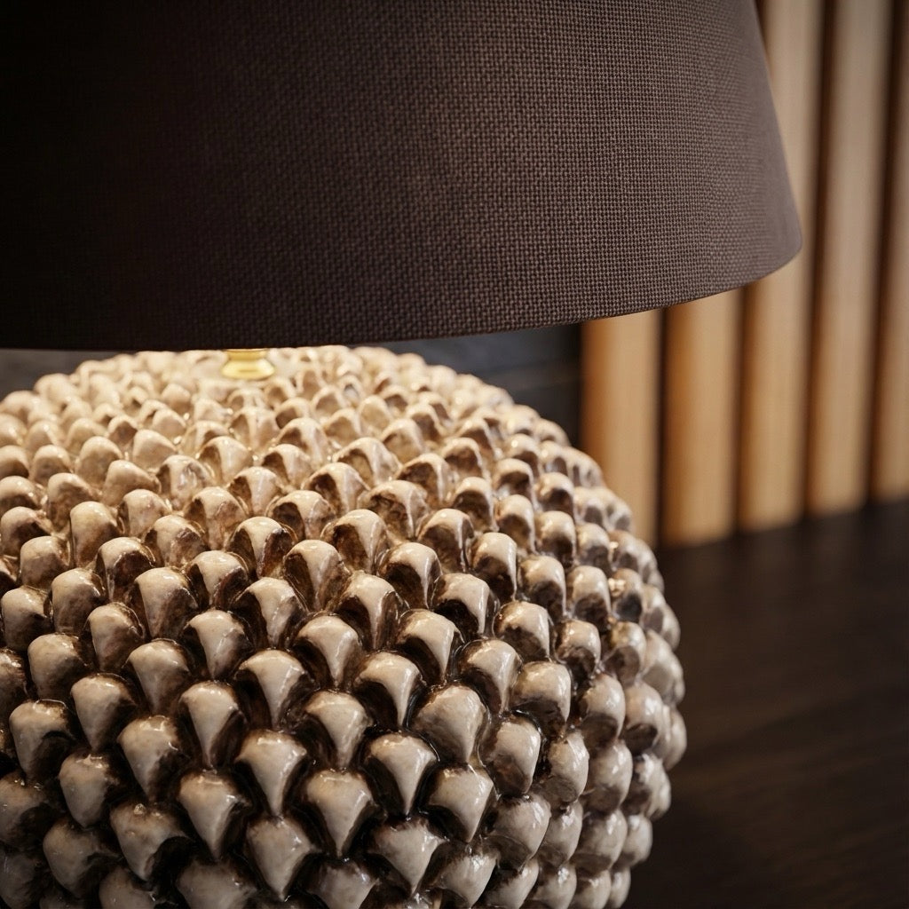 Pinecone-shaped ceramic lamp in various sizes, Antiqued Mother-of-Pearl finish