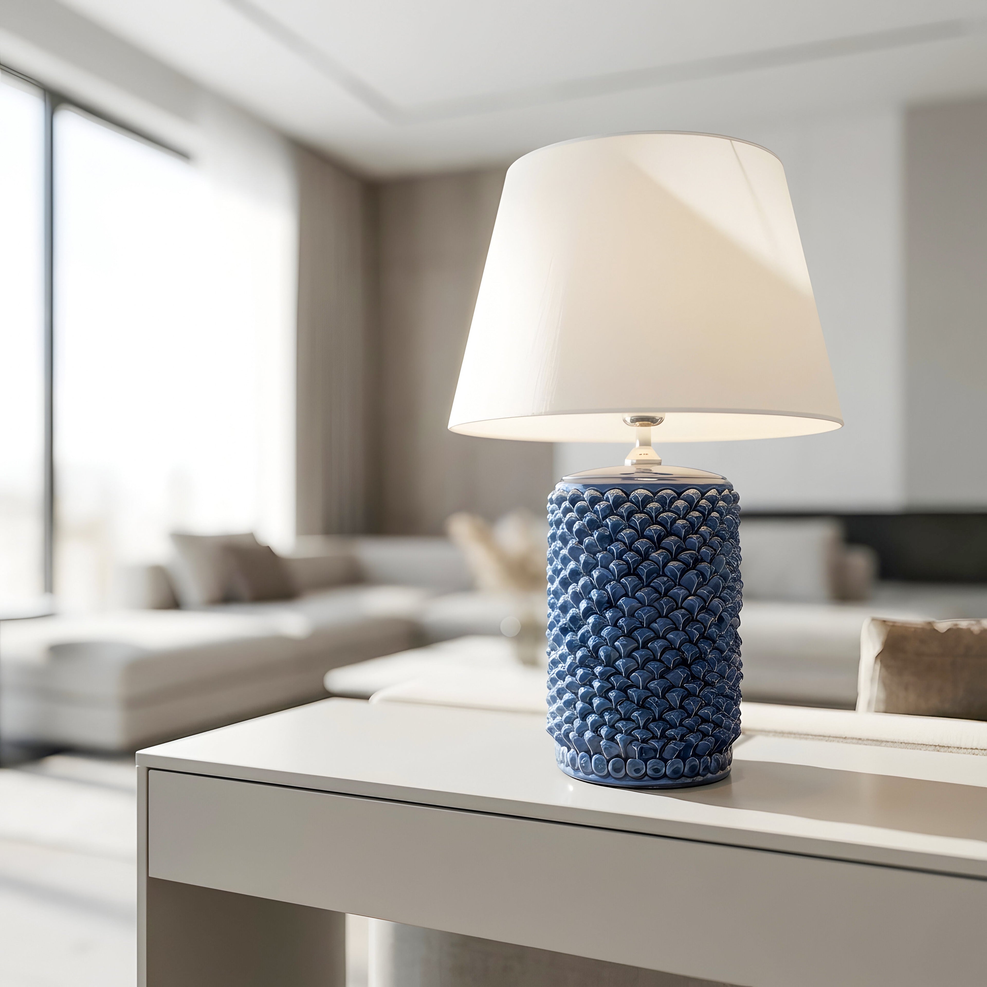 Lume Pigna Cilindro in Ceramica di Caltagirone h 60 cm — Blu Intenso