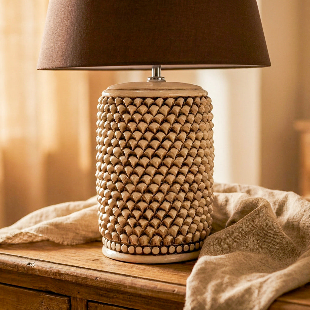 Lume Pigna Cilindro in Ceramica di Caltagirone h 60 cm — Madreperla Antichizzato